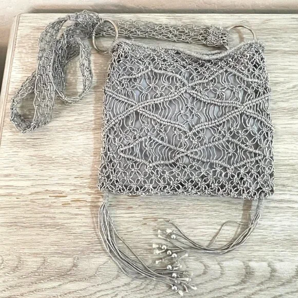 Crossbody Bag Macrame Crochet Beaded Fringe Silver Purse - Picture 6 of 9